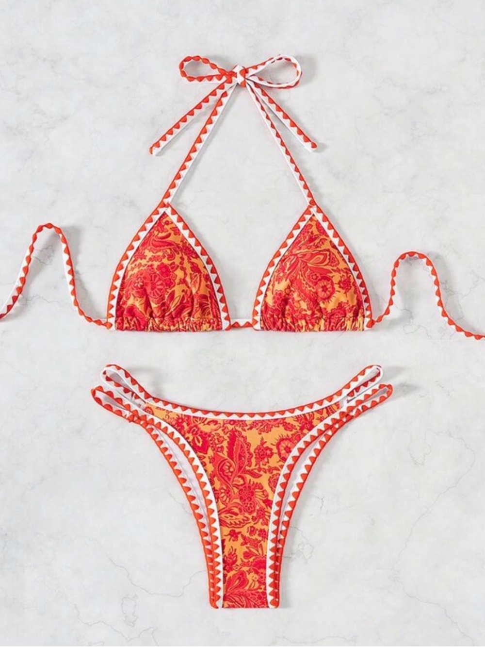 SHEIN Pink and Orange Paisley Triangle Bikini Set
